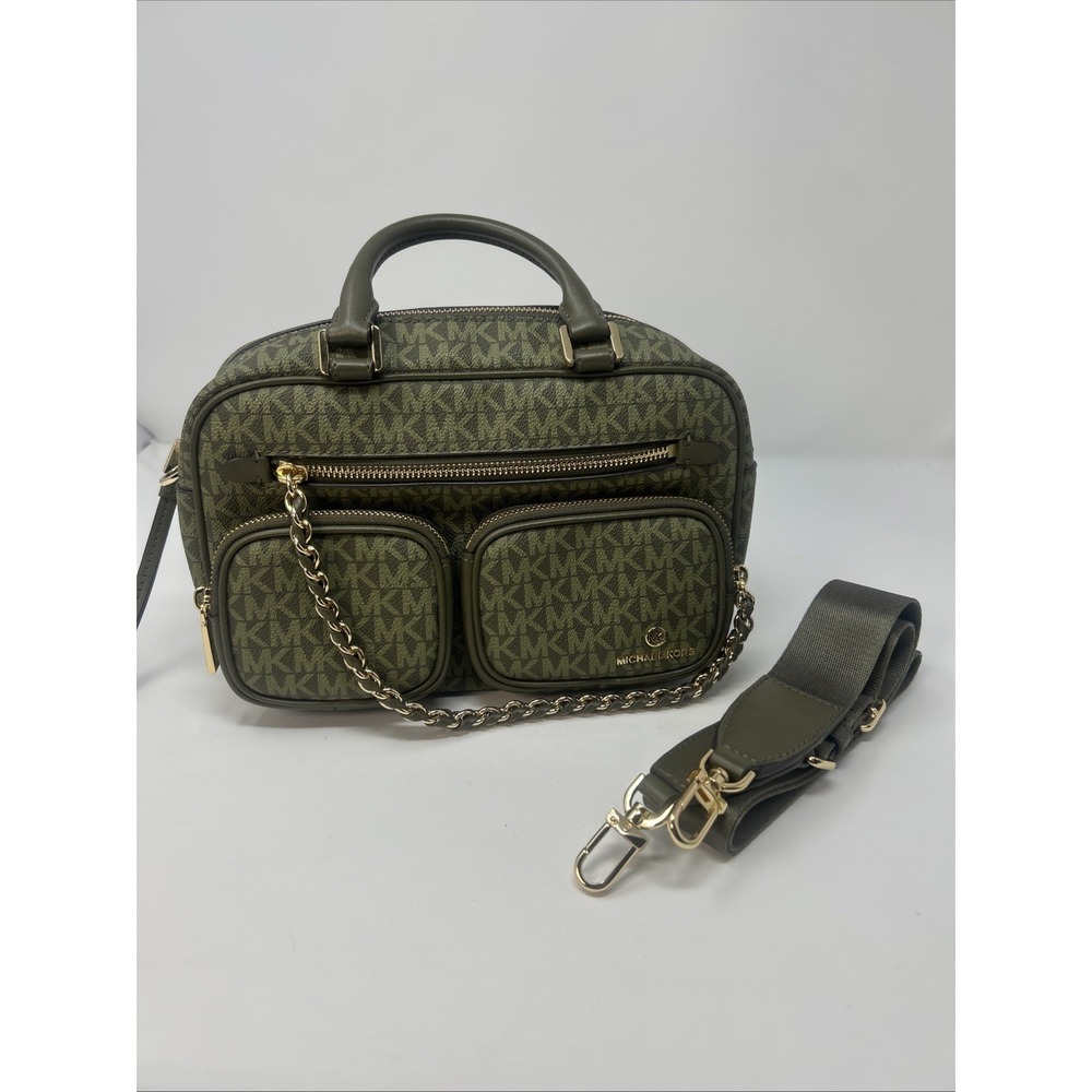 Michael Kors Olive Green Logo Messenger Bag Double Handle Gold Hardware Chain
